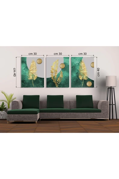 M&H Quality Zümrüt Yeşil & Altın Yaprak Lüks Geometrik 3'lü MDF Tablo Seti ürün görseli 1