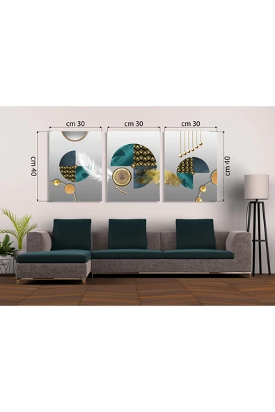 M&H Quality Zümrüt Yeşili & Altın Detaylı Lüks Geometrik 3'lü MDF Tablo Seti ürün görseli 1