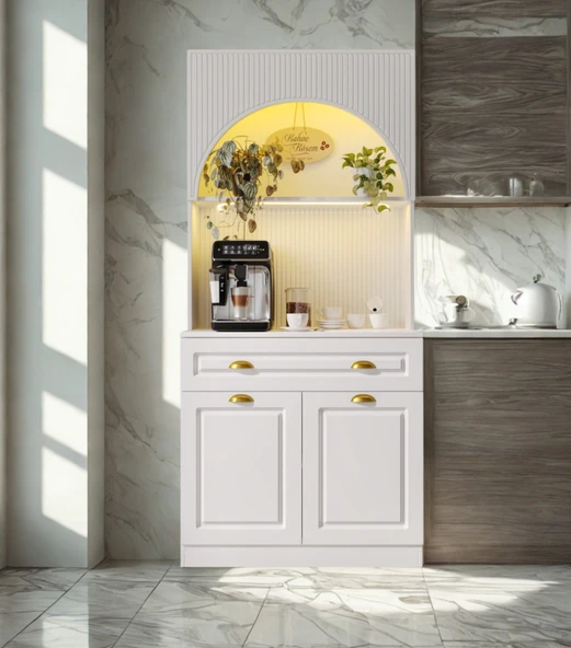 Lureo Nera Arch Gold Kahve Köşesi LED Aydınlatmalı Komple MDF Premium Kahve Ünitesi ürün görseli 1