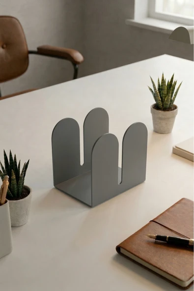 Chalybes Premium Metal Masaüstü Kitaplık - Koyu Gri Modern Ofis ve Çalışma Masası Düzenleyici - Resim 4