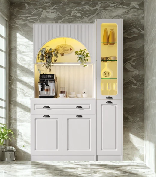 Lureo Nera Arch  3 Kapaklı Kahve Köşesi Sağ Vitrinli LED Aydınlatmalı Komple MDF Premium Kahve Ünitesi ürün görseli 1