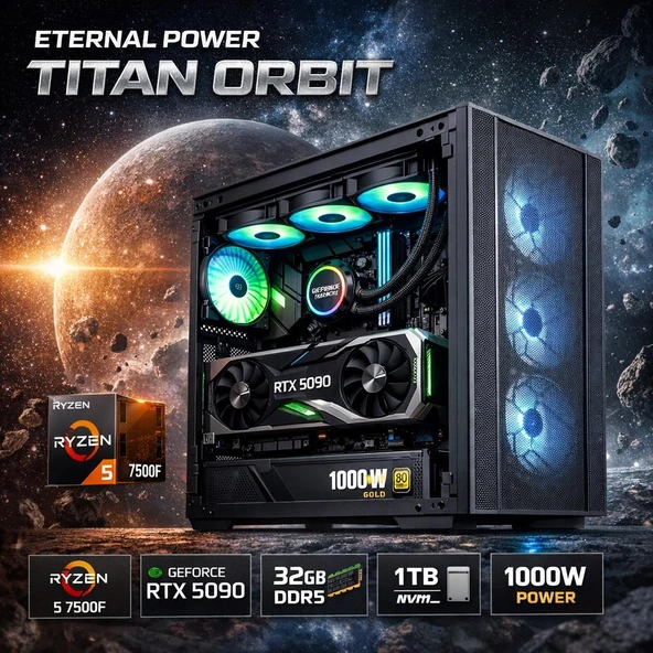Eternal Power TITAN ORBIT Ryzen 5 7500F RTX 5090 32GB DDR5 1TB M.2 B650M WIFI 1000W 360mm Gaming PC ürün görseli 1
