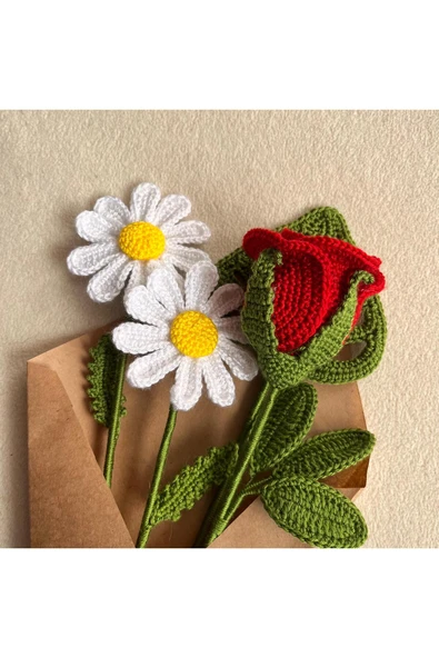 yapay çiçek evi El emeği göz nuru 2 adet papatya 1 adet gül buketi 35 cm ürün görseli 1