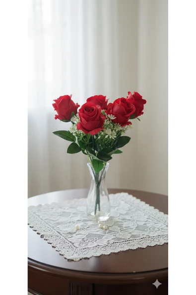 yapay çiçek evi KIRMIZI COK KATLI 6 KAFALI GÜL EV DEKOR SAKSI VAZO SÜSÜ ürün görseli 1