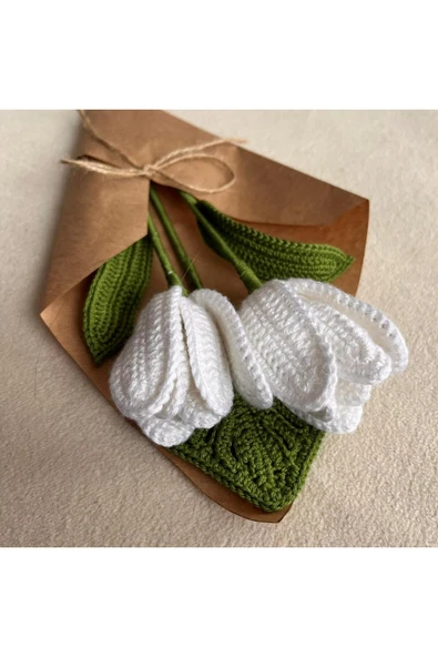 yapay çiçek evi El emeği göz nuru 2 dal örgü beyaz lale buketi 35 cm ürün görseli 1