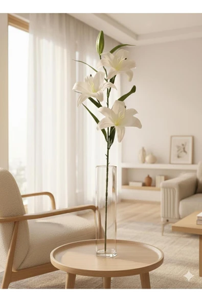 yapay çiçek evi 1 adet 3 kafalı 90 cm beyaz lilyum ev vazo dekor süsü ürün görseli 1