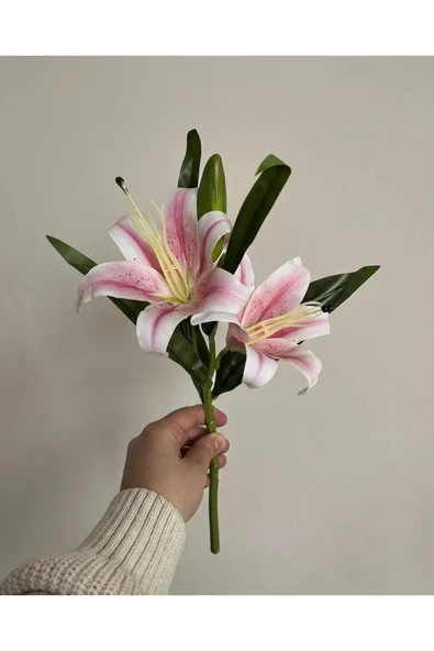 BAKBURAYA YAPAY ÇİÇEKÇİLİK 1 adet ıslak pembe lilyum 2 kafalı ev dekor süsü vazo ürün görseli 1
