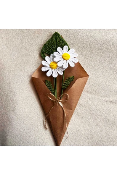 yapay çiçek evi El emeği göz nuru 2 dal örgü papatya 35cm ürün görseli 1