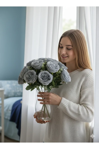 yapay çiçek evi 35 cm 10 kafalı İngiliz şakayık gülü soğukmavi renk ev vazo dekor ürün görseli 1