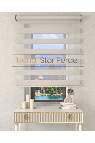 TREND STOR PERDE Geniş Plise Beyaz Etek Dilimsiz Zebra Stor Güneşlik Perde ürün görseli 1