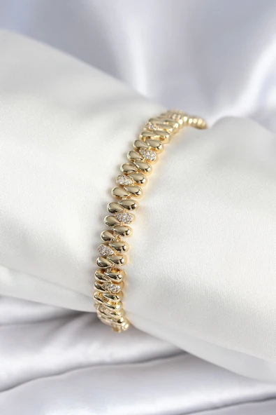 Pirinç Gold Renk Damla Model Zirkon Taşlı Kadın Bileklik ürün görseli 1