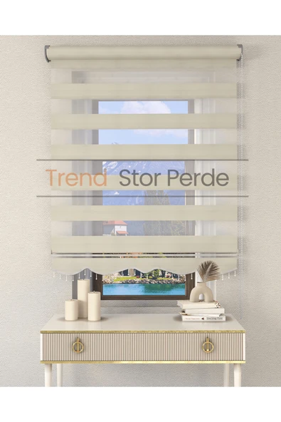 TREND STOR PERDE Geniş Plise Krem Boncuklu Zebra Stor Güneşlik Perde ürün görseli 1
