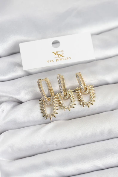Pirinç Gold Renk Zirkon Taşlı Vintage Model YSX Trio Küpe Seti ürün görseli 1