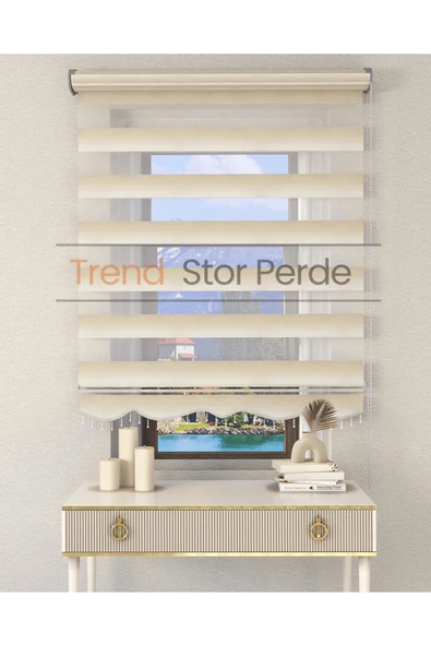 TREND STOR PERDE Krem Beyaz Geçişli Boncuklu Zebra Stor Güneşlik Perde ürün görseli 1