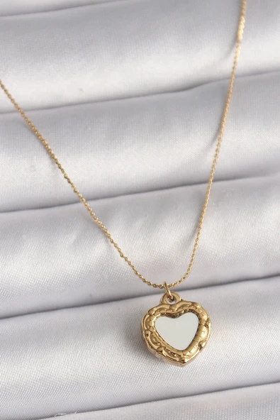 316L Çelik Gold Renk Zincir Sedefli Kalp Model Kadın Kolye ürün görseli 1