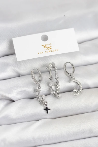 Pirinç Gümüş Renk Zirkon Taşlı Uzay Model YSX Trio Küpe Seti ürün görseli 1