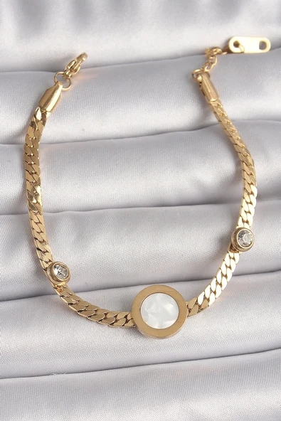 316L Çelik Gold Renk Yassı Zincir Model Zirkon Taş Detaylı Beyaz Mineli Madalyon Model Kadın Bileklik ürün görseli 1