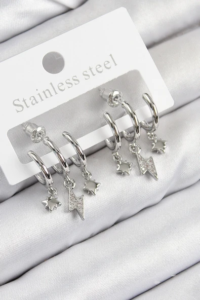 Pirinç Zirkon Taşlı Şimşek Model Gümüş Renk Kadın Küpe ürün görseli 1