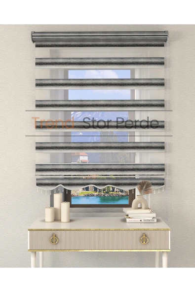 TREND STOR PERDE Siyah Yeşil Geçişli Boncuklu Zebra Stor Güneşlik Perde ürün görseli 1