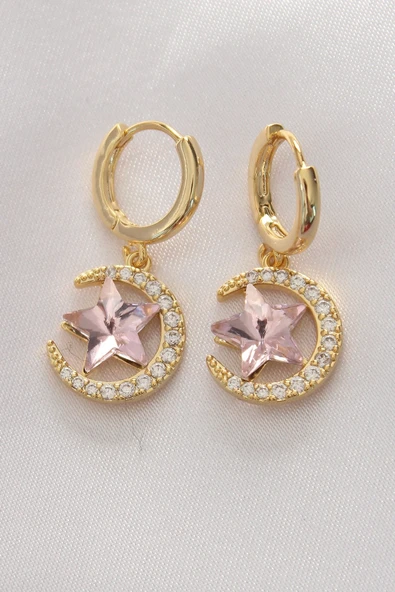 Pirinç Gold Renk Pembe Zirkon Taşlı Yıldız Detay Ay Küpe ürün görseli 1