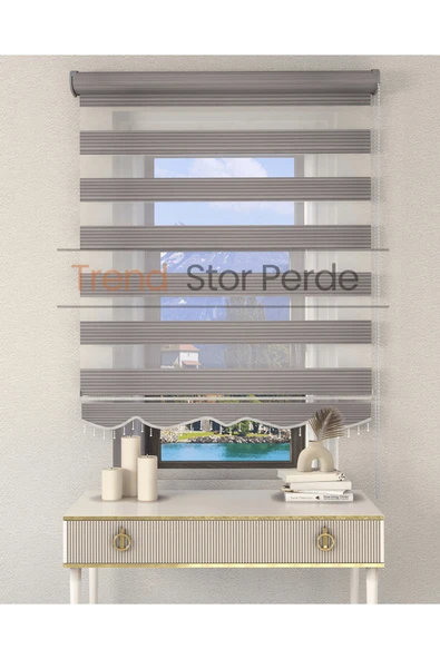 TREND STOR PERDE Geniş Plise Gri Boncuklu Zebra Stor Güneşlik Perde ürün görseli 1