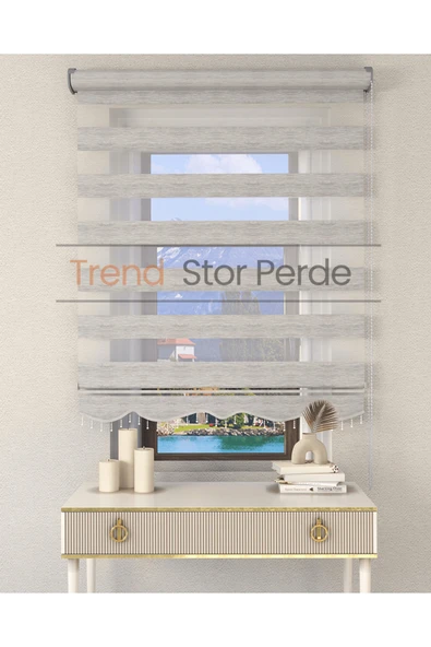 TREND STOR PERDE Gri Bambu Boncuklu Zebra Stor Güneşlik Perde ürün görseli 1