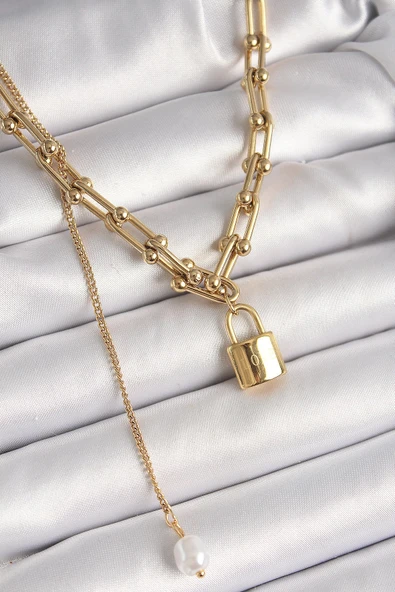 316L Çelik Gold Renk Tifany Zincir Model Kilit Figür Sallantı İnci Detay Kadın Kolye ürün görseli 1