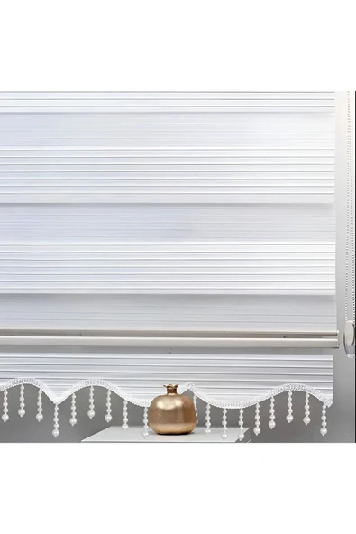 Kidmex Beyaz Piliseli Boncuklu Kumaş Zebra Stor Perde ürün görseli 1
