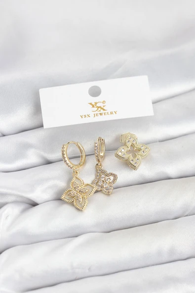Pirinç Gold Renk Yonca Model YSX Trio Küpe Seti ürün görseli 1