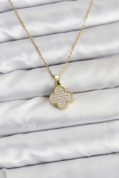 316L Çelik Zincir Gold Renk Zirkon Taşlı Yonca Model Kadın Kolye ürün görseli 1