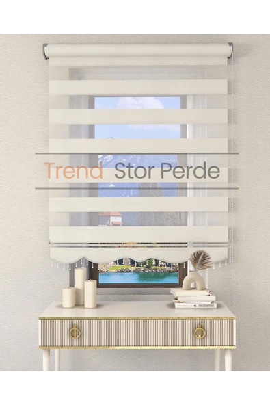 TREND STOR PERDE Beyaz Boncuklu Zebra Stor Güneşlik Perde ürün görseli 1