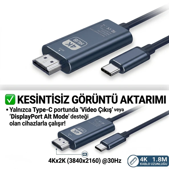 4K Ultra HD Type-C to HDMI Görüntü Aktarım Kablosu - 1.8 Metre Alüminyum Gövde Tak Çalıştır ürün görseli 1
