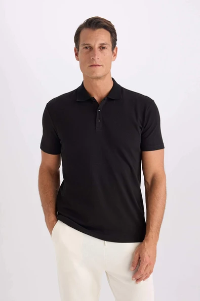 Defacto M6609 Siyah Slim Fit Dar Kesim Basic Düz Kısa Kollu Polo Tişört ürün görseli 1
