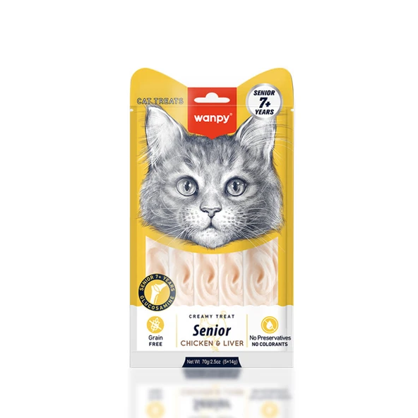 Wanpy Senior +7 Tavuklu Ciğerli Krema Kedi Ödülü 5x14 Gr ürün görseli 1