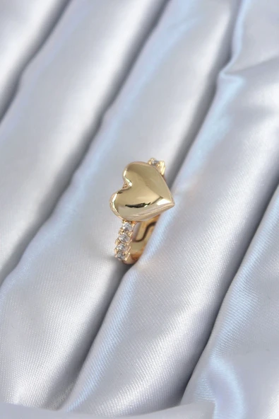 Gold Renk Pirinç Zirkon Taşlı Kalp Model Kadın Yüzük ürün görseli 1