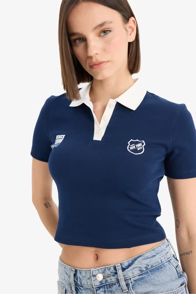 Defacto E7838 Lacivert Coool Fitted Polo Yaka Baskılı Ribana Kısa Kollu Tişört ürün görseli 1