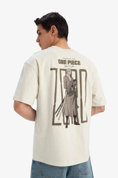 Defacto E0714 Bej %100 Pamuk One Piece Boxy Fit Bisiklet Yaka Sırt Baskılı Kısa Kollu Tişört ürün görseli 1