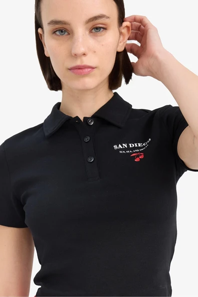 Defacto D1095 Siyah Coool Fitted Polo Yaka Baskılı Ribana Kısa Kollu Siyah Tişört ürün görseli 1