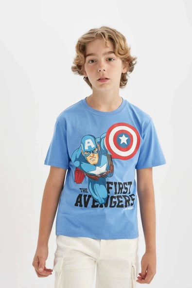 Defacto C3105 Mavi Erkek Çocuk Marvel Avengers Bisiklet Yaka Kısa Kollu Tişört ürün görseli 1