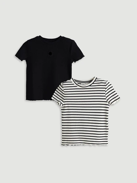 LCW Kids Siyah Bisiklet Yaka Kız Çocuk Crop Tişört 2'li ürün görseli 1