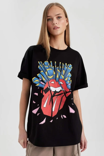 Defacto C3771 Siyah Rolling Stones Oversize Geniş Kalıp Bisiklet Yaka Kısa Kollu Tişört ürün görseli 1