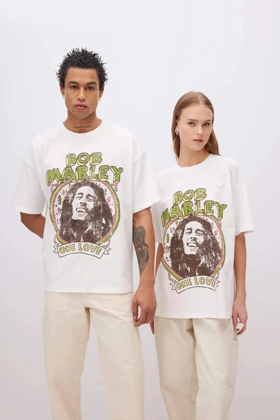 Defacto C5039 Beyaz Unisex Bob Marley One Love Oversize Geniş Kalıp Bisiklet Yaka Kısa Kollu Tişört ürün görseli 1