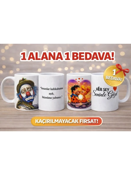 1 Alana 1 Bedava Kişiye Özel Baskılı Kupa Bardak  Sevgili Hediyelik Özel Tasarım ürün görseli 1