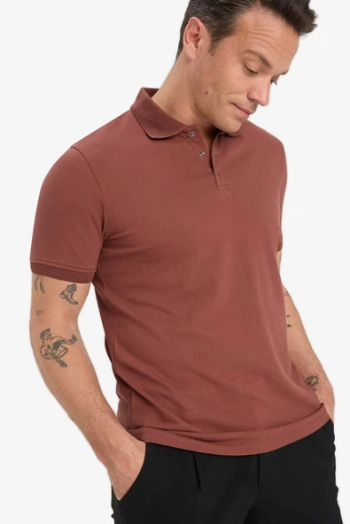 Defacto T5259 Kahve Slim Fit Dar Kesim Kısa Kollu Dokulu Basic Düz Polo Tişört ürün görseli 1
