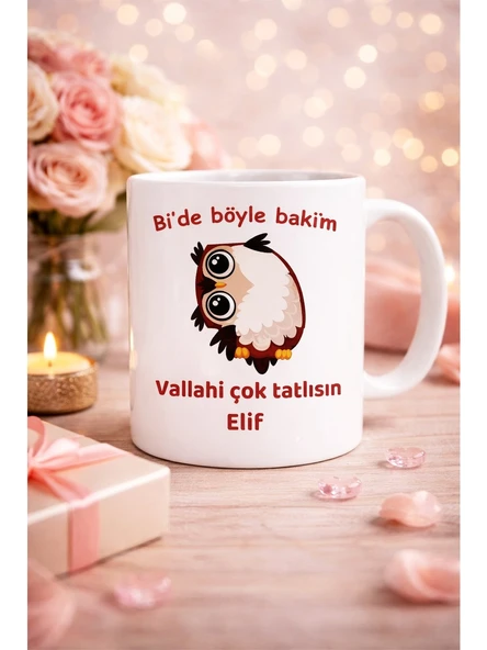 Kişiye Özel Sevimli Baykuş Vallahi Çok Tatlısın Porselen Kupa Bardak (Çift Taraflı Baskı) ürün görseli 1