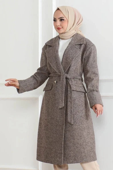 Kadın Kaşe Kaban Uzun Boy Kruvaze Yaka Kuşaklı Tesettür Kaşe Kaban Astarlı Yünlü - Vizon ürün görseli 1