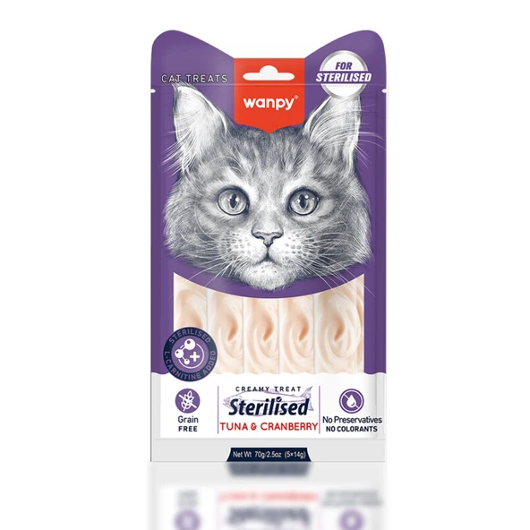 Wanpy Sterilised Ton Balıklı Kızılcıklı Krema Kısır Kedi Ödülü 5x14 Gr ürün görseli 1