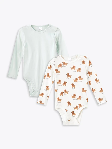 LCW baby Yeşil Bisiklet Yaka Baskılı Erkek Bebek Çıtçıtlı Bodysuit 2'li ürün görseli 1