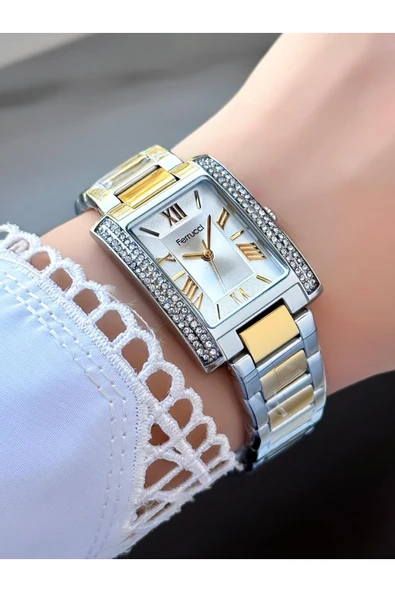 Dikdörtgen Taşlı Rose Gold Metal Kordon Kadın Kol Saati  Gümüş Altın ürün görseli 1