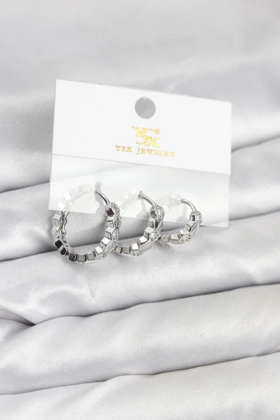 Pirinç Gümüş Renk Zirkon Taşlı Petek Halka Model YSX Trio Küpe Seti ürün görseli 1